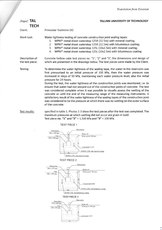 WPM waterstops/ profiles watertightness test
