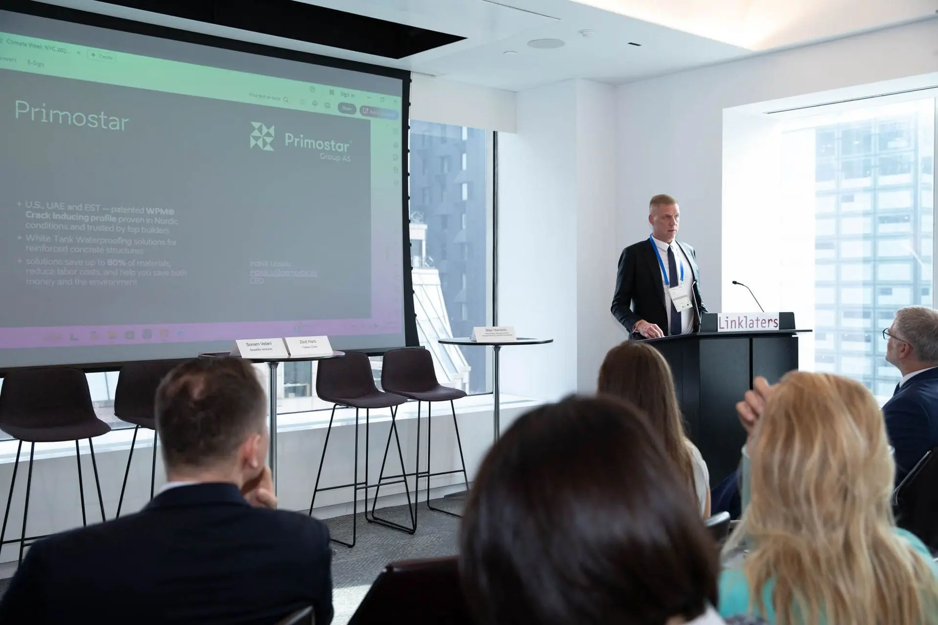 At the Estonian event “Transatlantic Innovation: ClimateTech Solutions for a Resilient Future” during Climate Week NYC, Primostar Group AS CEO Indrek Uusalu presented Primostar’s waterproofing solution that can contribute to the U.S. green transition. The event “From Tallinn to Tribeca: Scaling sustainable innovations in the US” brought together Estonian and American experts.