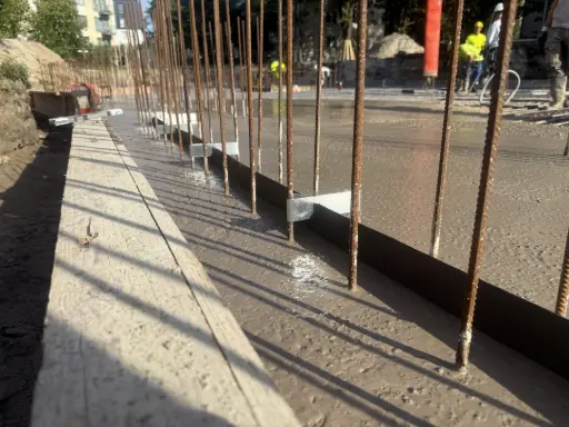 Профиль WPM Construction Joint Profile (Metal Sheet Waterstop) 125R во время бетонирования. Профиль закреплён к арматуре с помощью держателей (распорок).