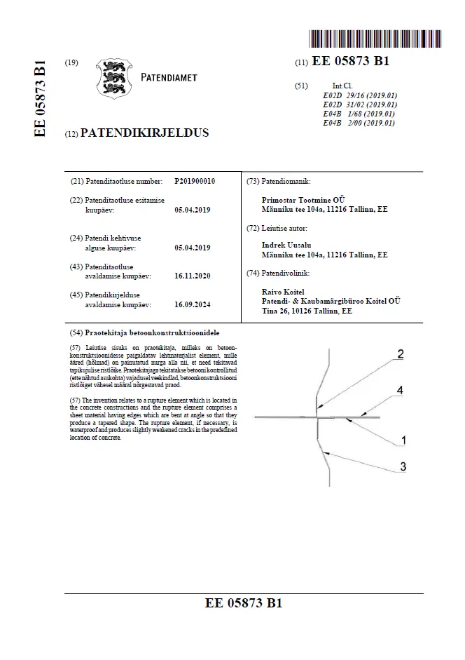 Primostar's patented technology - WPM Crack Inducing Waterstop. (Estonian Patent)