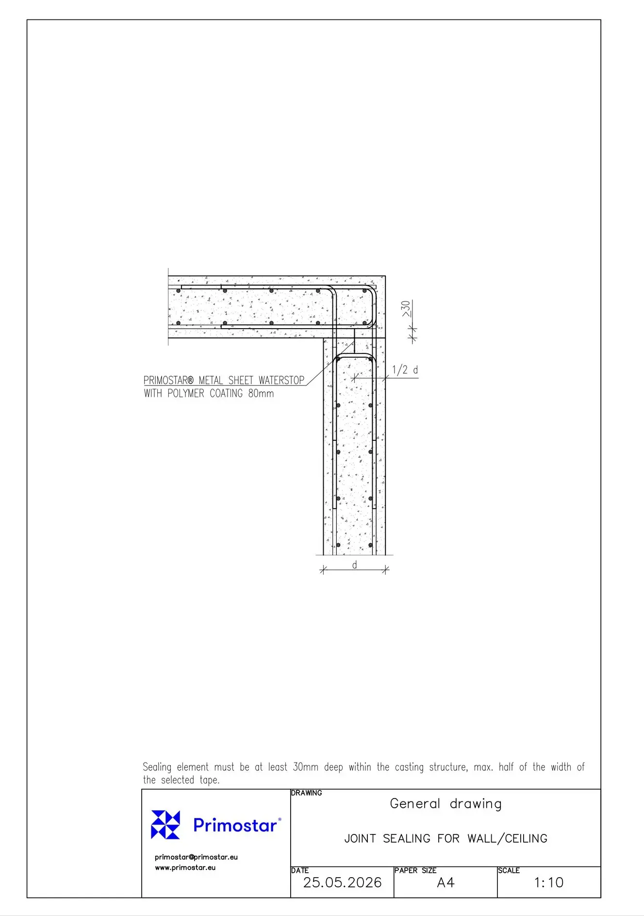 Primostar® Metal Sheet Waterstop Стык конструкции стены/потолка Primostar® Metal Sheet Waterstop Стык конструкции стены/потолка