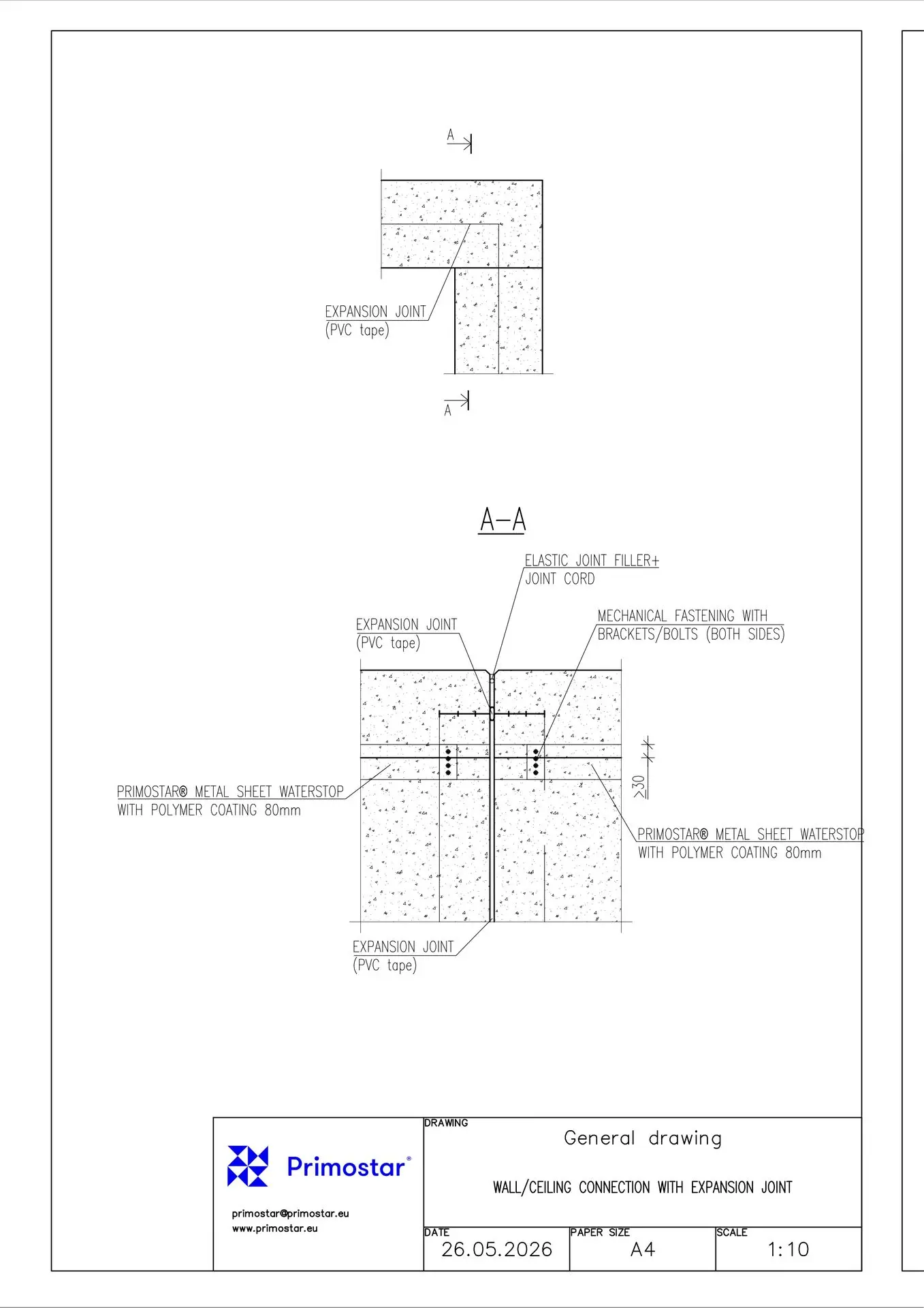 Primostar® Metal Sheet Waterstop Соединение стены и потолка с деформационным швом