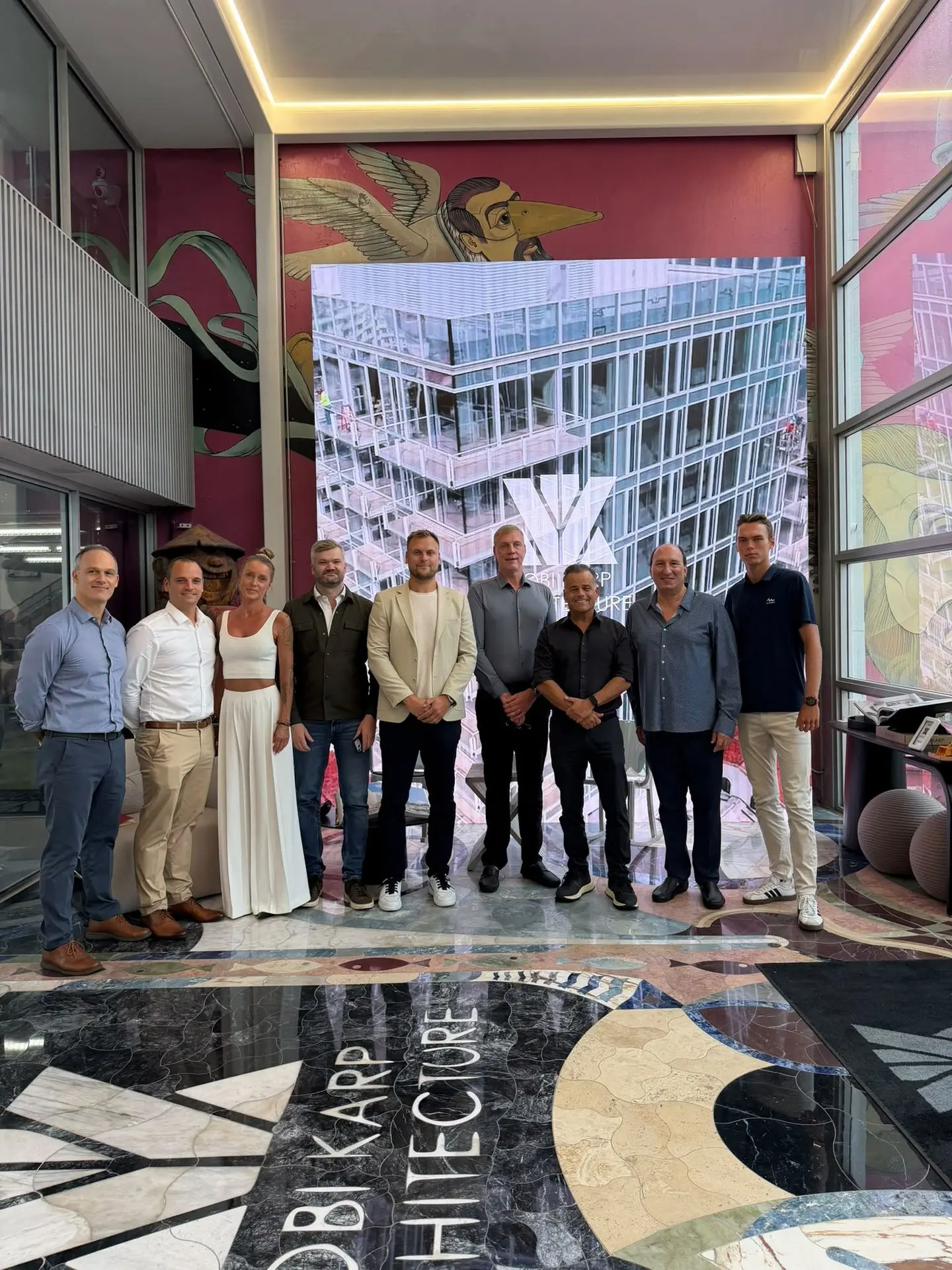 Primostar CEO Indrek Uusalu with Kobi Karp, James Kohnstamm, Ottomar Tamm, Karmo Lomp, Kärt Lebedev, Eduardo, Richard, and Stephan at Kobi Karp Architecture & Interior Design. Miami, USA.