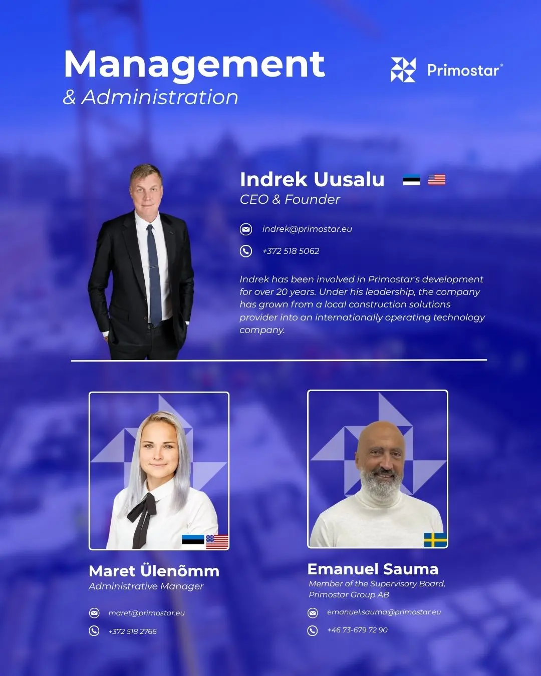 Primostar management and administration. Indrek Uusalu, Maret Ülenõmm and Primostar Group AB Management Board Member Emanuel Sauma.