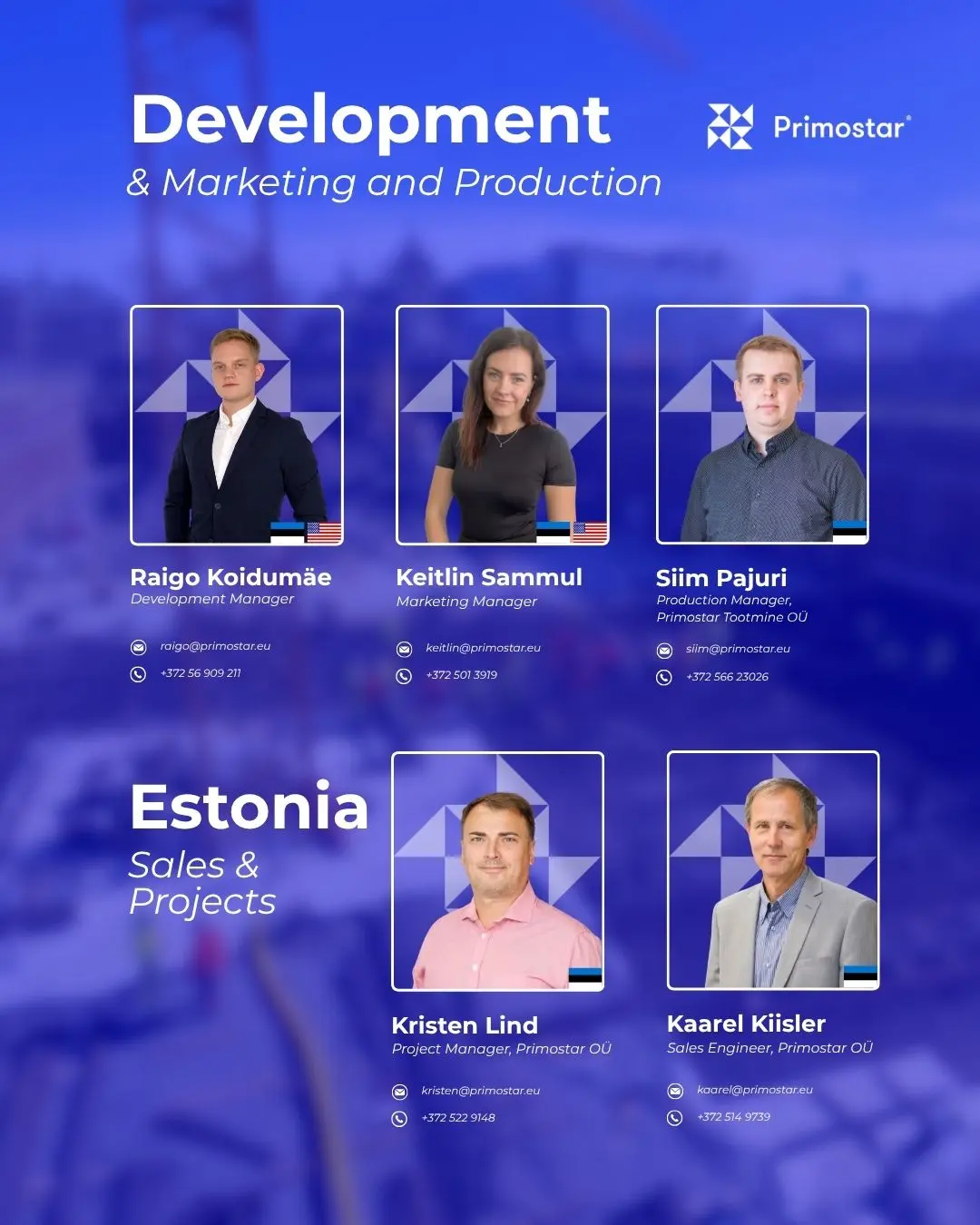 Primostar development, marketing and production. Business Development Raigo Koidumäe, Marketing Keitlin Sammul, Production Manager Siim Pajuri. Estonian sales and projects, Project Manager Kristen Lind and Sales Engineer Kaarel Kiisler.